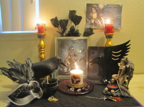 The Morrigan altar by goddessschool.com Morrigan Altar Ideas, The Morrigan Altar, Morrigan Altar, Irish Gods, Morrigan Goddess, Witch Guide, Wiccan Supplies, Altar Inspiration, Sacred Space Altar