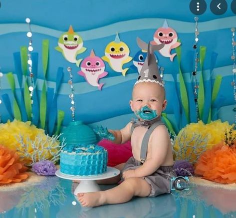 Baby Shark Photoshoot, Baby Shark Birthday Backdrop, Smash Cake Ocean Theme, Nemo Smash Cake First Birthdays, Finding Nemo Smash Cake, Babies Photoshoot, Birthday Photoshoot Ideas Boys, Shark Themed Birthday Party, 1st Birthday Photoshoot