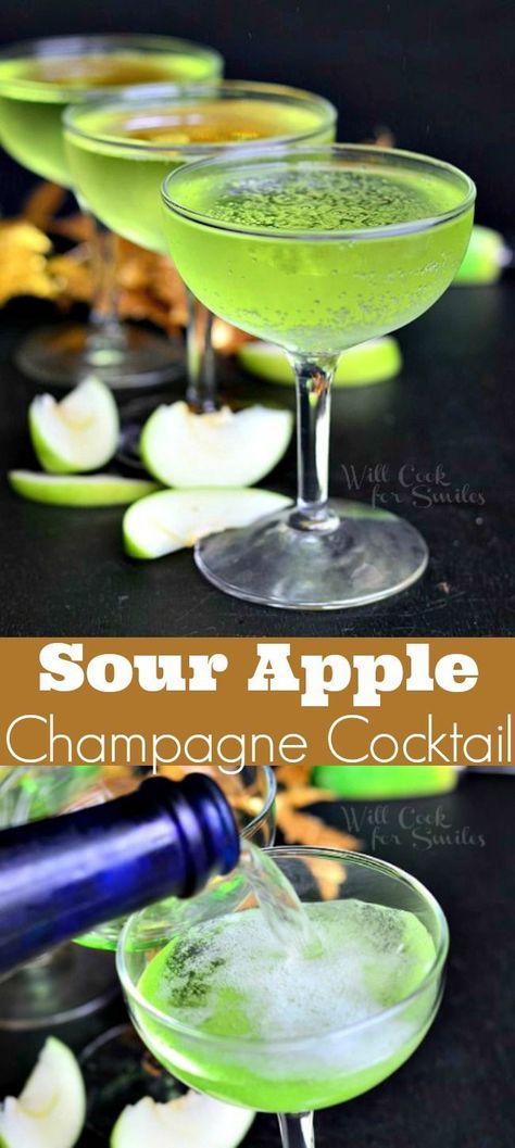 Sour Apple Champagne Cocktail. Gorgeous champagne cocktail made with flavors of a classic sour apple martini. Perfect cocktail for any party. #drink #cocktail #champagne #sourapple Champagne Cocktails Easy, Sour Apple Martini, Easy Holiday Drinks, Popular Cocktail Recipes, Green Cocktails, Apple Schnapps, Easy Mixed Drinks, Apple Vodka, Cocktail Champagne