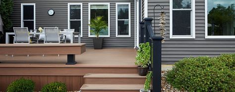 Tips for House and Deck Color Combinations | TimberTech Deck Color Combinations, Deck Color Schemes, Deck Fascia, Under Deck Drainage, Timbertech Decking, Deck Cost, Azek Decking, Living Space Design, Outdoor Living Space Design