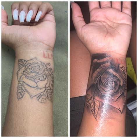 Rose Tattoo Cover Up on Wrist. “Prosper” Name Cover Up Tattoos For Women On Wrist, Inside Wrist Tattoos For Women Cover Up, Wrist Tattoos For Women Cover Up, Cover Up Rose Tattoo, Name Cover Up Tattoos For Women, Rose Tattoo Cover Up, Inner Wrist Tattoos, Cover Up Tattoos For Women, Simple Rose Tattoo