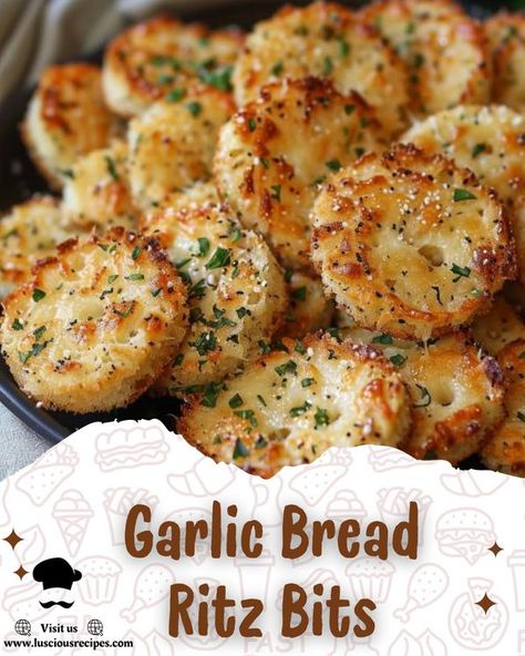 Luscious Recipes Crispy Garlic Bread Ritz Bits, Garlic Bread Ritz Bits, Luscious Recipes, Ritz Bits, Crackers Appetizers, Ritz Cracker Recipes, Bagel Chips, Cracker Recipes, Snack Attack