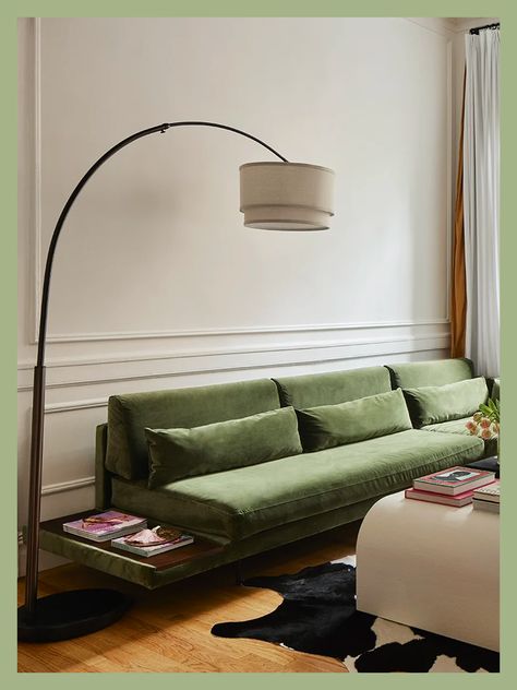 Arc Floor Lamp Living Room, Arc Floor Lamps Living Room, Floor Lamp Living Room, Arch Light, Arch Lamp, Nursery Glider, Arc Floor Lamp, Green Velvet Sofa, Lamp Living Room