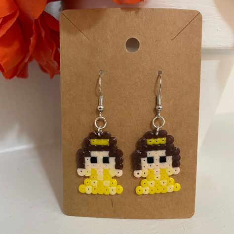 Perler Bead Disney Princess Belle Earrings Brown, Yellow, Peach And Black New Handmade 1” Inch Perler Beads Bundle To Save Don’t Be Afraid To Send Offers :) Disney Perler Bead Earrings, Small Perler Bead Patterns Minis, Perler Beads Disney, Parlor Beads, Pokemon Earrings, Perler Earrings, Melt Beads, Girls Crafts, Melt Beads Patterns