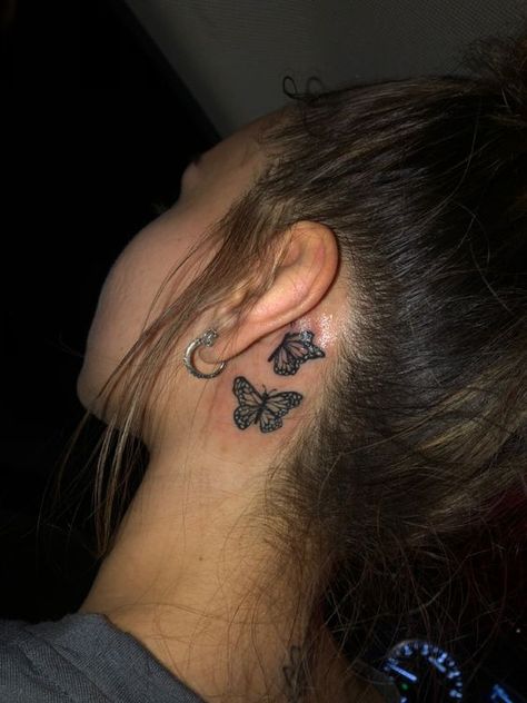 Behind Ear Tats Butterfly, 3 Butterfly Tattoo Small Behind Ear, Two Butterflies Tattoo Behind Ear, Black Butterfly Neck Tattoo, Behind Ear Tattoo Butterflies, 3 Small Butterflies Tattoo Behind Ear, Butterfly Tattoos Behind Ear, Butterflies Behind Ear Tattoo, Butterfly Behind Ear Tattoo