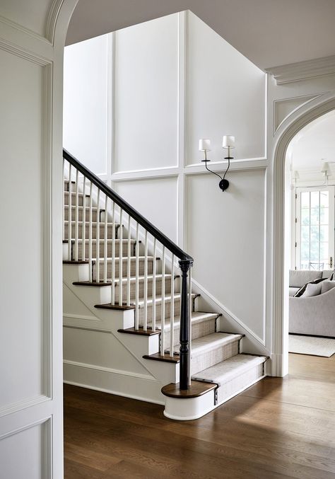 Country Club Hills — Erica Burns Interiors White Banisters And Railings, White Banister, Staircase Wall Design, Stable House, Country Club Design, Build Stairs, Panelled Walls, Victoria Style, Balboa Island