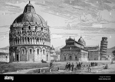 Download this stock image: Cathedral square in Pisa, the cathedral with the Leaning Tower of Pisa and the Baptistery, Italy, from a woodcut of 1880, digital improved - HEDCKX from Alamy's library of millions of high resolution stock photos, illustrations and vectors. Gustav Bauernfeind, Pencil Drawing Pictures, Architecture Sculpture, Book Sketch, The Leaning Tower Of Pisa, Newspaper Paper, Tower Of Pisa, Italy Painting, Roman Sculpture