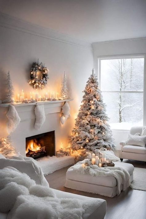 Ideas Habitaciones, Cozy Christmas Decor, Christmas Apartment, Winter Decorations Diy, Christmas Themes Decorations, Christmas Interiors, Christmas Decorations Living Room, Christmas Room Decor, White Christmas Decor