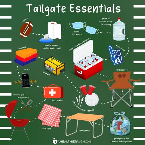 Happy Rivalry Week! 🏈 For football-loving Michiganders, few things beat a tailgate before the big game. If you're headed out to a stadium tomorrow, here are a few ideas on what to bring. #GoGreen #GoBlue Tailgate Essentials, Fun Card Games, Portable Grill, Garbage Bags, Go Blue, First Aid Kit, Football Games, Big Game, College Life