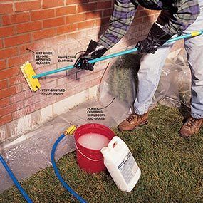 How to Clean Brick (DIY) | Family Handyman How To Clean Brick, Brick Projects, Brick Siding, Hard Water Stain Remover, Brick Chimney, House Foundation, Hard Water Stains, Garage Ideas, Family Handyman