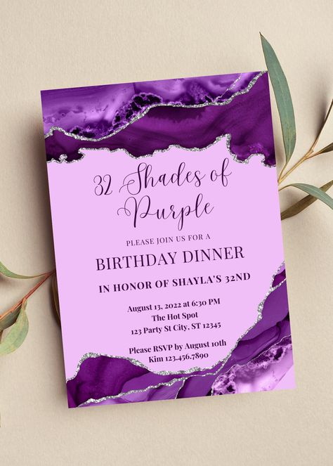 Editable shades of purple birthday dinner invitation perfect for your next birthday party or birthday dinner. This purple agate invitation can be edited yourself using Canva. If you choose to print yourself the print size is 5x7 and can be printed on cardstock invitation paper. You can also have the completed file taken to your local print shop and have them print. Can also be saved as an image to use as a text invitation or email invitation. All the wording is editable. Details: Shades of Purple Birthday Dinner invitation with purple agate design. Wording can be changed to accommodate all the great milestone birthdays such as sweet 16, 18th birthday 21st birthday, 30th birthday, 40th birthday, 50th birthday, 60th birthday and so on! Wording can be edited for any occassion. HOW IT WORKS: ♥ 16th Birthday Invitations Purple, 30 Shades Of Purple Birthday Party, 50 Shades Of Purple Birthday Party Ideas, 50 Shades Of Purple Party, 60 Shades Of Purple Party, 30 Shades Of Purple Party, 50 Shades Of Purple Party Ideas, 16 Shades Of Purple Party, 40 Shades Of Purple Party