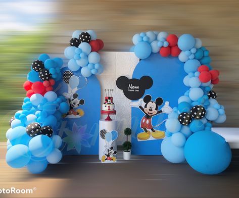 Mickey Mouse Birthday Decorations Blue, Blue Mickey Mouse Party 1st Birthdays, Mickey Mouse Backdrop, Mouse Themed Party, Mickey First Birthday, Mickey 1st Birthdays, Minnie Mouse Balloons, Mickey Mouse Themed Birthday Party, Fiesta Mickey Mouse