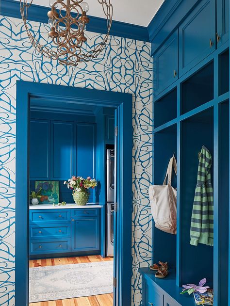 Blue Mudroom, Home Flip, Shem Creek, Blue Laundry Rooms, Vintage Lockers, Built In Hutch, Mudroom Organization, Mudroom Ideas, Metal Clothes Rack