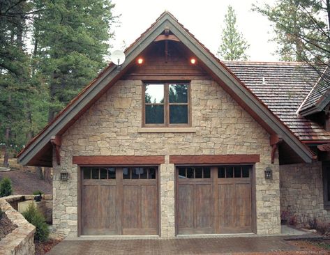 Stone Garage Double Door Cabin Double Doors, Wood Header Above Garage Door, Wood Beam Above Garage Door, Facia Ideas, Garage Facelift, Double Garage Ideas, Stone Garage, Modern Exterior Lighting, Cabin Garage