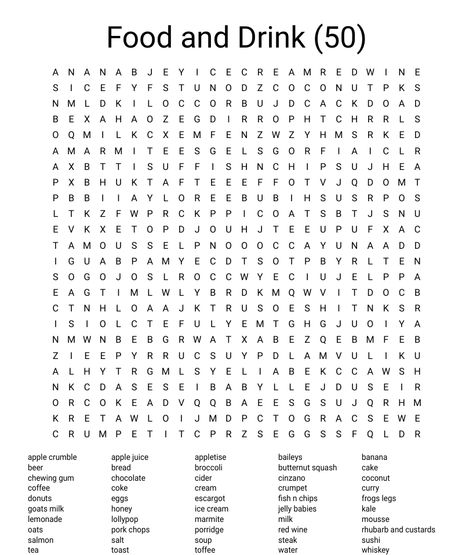 Food and Drink (50) Word Search - WordMint Word Search 100 Words, Anime Word Search, Word Search Printables For Adults, Hard Word Search Free Printable, Word Search Aesthetic, Free Word Search Printables, Food Word Search, Hard Word Search, Toki Pona