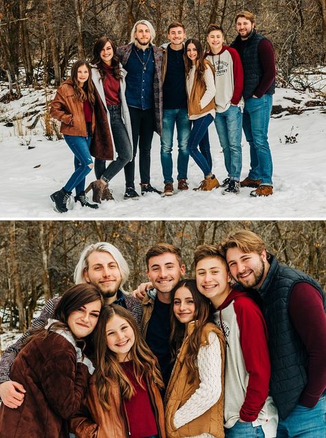 Family Portraits In The Snow, Christmas Extended Family Photos, Cute Winter Family Picture Ideas, Family Pics In Snow, Winter Photo Shoot Family, Winter Large Family Photos, Snowy Family Pictures, Cold Weather Family Photos, Snow Family Pictures