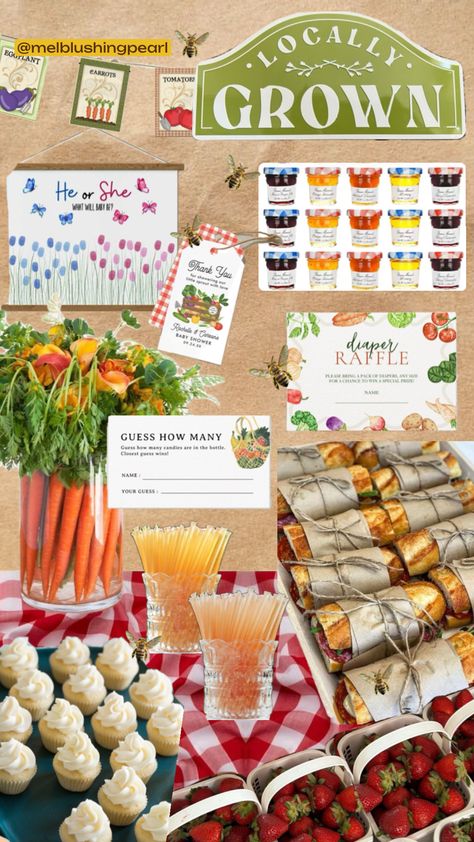 This is my top baby shower theme for now 🫶🏼🥕Locally Grown Farmers Market!! @melblushingpearl Market Baby Shower Theme, Farmers Market Baby Shower Theme, Top Baby Shower Themes, Baby Shower Barbeque, Kids Farmers Market, Farmers Market Theme, Spring Baby Shower Themes, Farmer Baby, Farmers Market Party