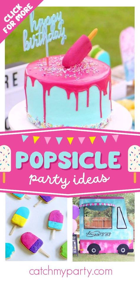 Ice Pop Birthday Party, Pizza And Popsicle Party, 5th Birthday Ideas For Girls Themes Summer, Popsicle Birthday Party Ideas, Popsicle Themed Birthday Party, Popsicle Pool Party, Popsicle Theme Cake, Popsicle Cake Birthday, Summer Girl Birthday Party Ideas