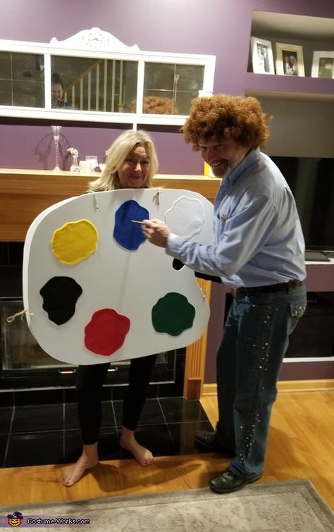 Bob Ross Family Halloween Costume, Bob Ross Trunk Or Treat Ideas, Bob Ross Trunk Or Treat, Bob Ross Couple Costume, Bob Ross Halloween Costume, Bob Ross Costume, Resident Activities, Costume Last Minute, Last Minute Costume Ideas