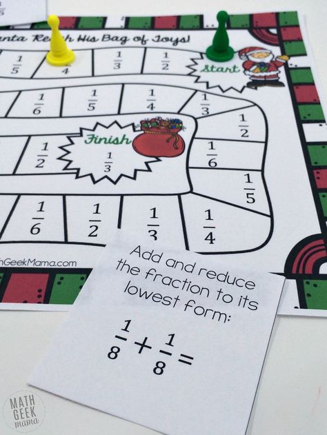 Grab this fun and easy to play Christmas fraction board game this December. Practice important fraction skills with your kids in a fun way! Fraction Board Games, Fraction Games For Kids, Christmas Board Games, Fraction Games, Math Board Games, Math Board, Adding And Subtracting Fractions, Maths Games, Fraction Activities