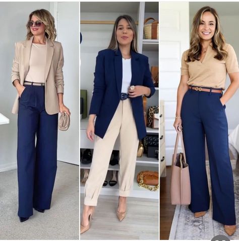 Beige Pants Business Outfit, Navy Professional Outfits Women, Beige And Navy Blue Outfit, Navy And Beige Outfit, Outfit Blazer Azul Marino, Navy Blue Pants Outfit Women, Navy Blazer Outfit Women Work, Blue And Beige Outfit, Navy Blue Blazer Outfit Women