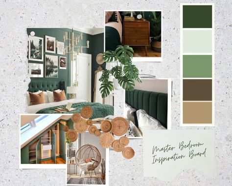 Mood board insp for dark green, enhanced natural theme for master bedroom. Based around dark green headboard and brown/wicker decor. Lots of houseplants!! Forest Green And Tan Bedroom, Dark Green And Brown Aesthetic Room, Green White And Brown Bedroom, Green And Dark Wood Bedroom, Dark Green Headboard, Moss Green Bedroom, Green Brown Bedroom, Green And Brown Bedroom Ideas, White And Brown Bedroom