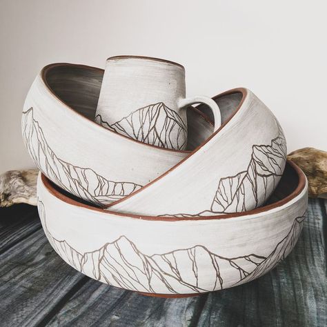 ceramics, pottery, clay, handmade, mug, bowl, bowls, serving bowl, stack, skyline, mountains, topopots Pottery Mountain Design, Ceramic Bowl Carving, Glaze Pottery Ideas, Pottery Mountains, Mountain Pottery, Functional Ceramics, Beginner Pottery, Wheel Thrown Ceramics, Bowl Pottery