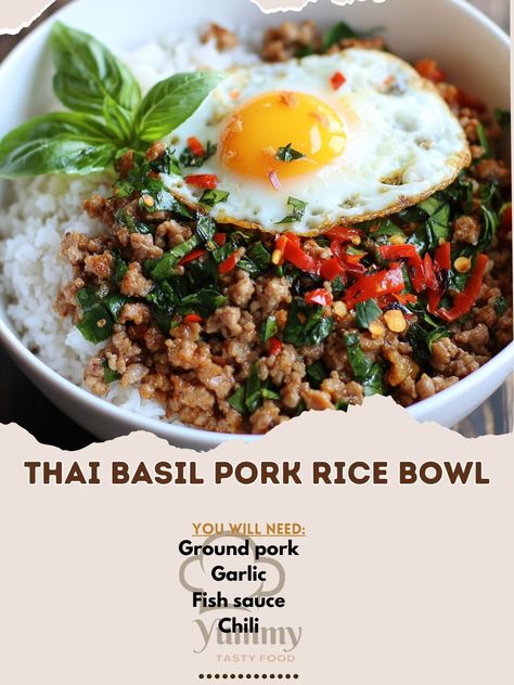 🍚🌿 Discover the rich flavors of our Thai Basil Pork Rice Bowl! A spicy and aromatic dish! 🌶️🍲 #ThaiCuisine Thai Basil Pork Rice Bowl Ingredients: Ground pork (1 lb) Garlic, minced (3 cloves) Chili, chopped (1) Fish sauce (2 tbsp) Soy sauce (1 tbsp) Sugar (1 tbsp) Fresh basil leaves (1 cup) Jasmine rice, cooked (2 cups) Fried egg (optional, for topping) Instructions: Sauté garlic and chili until fragrant. Add ground pork and cook until browned. Stir in fish sauce, soy sauce, and sugar. Mix... Basil Pork, Thai Basil Pork, Bowl Ingredients, Spicy Dishes, Thai Basil, Jasmine Rice, Basil Leaves, Rice Bowl, Ground Pork