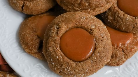 Salted Caramel Ginger Thumbprint Cookies Recipe - Tasting Table Raw Cookie Dough, Thumbprint Cookies Recipe, Thumbprint Cookies, Tasting Table, Cookies Ingredients, Peanut Butter Cookies, White Chocolate Chips, Salted Butter, Chocolate Flavors