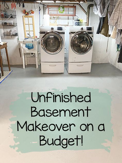 DIY unfinished basement makeover Unfinished Basement Makeover, Unfinished Laundry Room, Cheap Laundry Room Makeover, Basement Laundry Area, Unfinished Basement Storage, Unfinished Basement Laundry, Room Ideas Basement, Basement Laundry Room Makeover, Cheap Basement Remodel