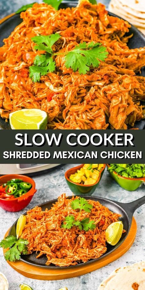 With delicious flavors and many ways to serve, this Slow Cooker Shredded Mexican Chicken is a staple menu item for so many different recipes. The chicken is cooked low and slow making it tender and marries the flavors together so well that just eating it plain is 100% a viable option. This Shredded Mexican Chicken is just one of those recipes that you will be coming back for tacos, burritos, taquitos, and more. This is a great crockpot recipe that makes main dishes, appetizers, and sides! Chicken Thigh Casserole, Shredded Mexican Chicken, Chicken Breast Dishes, Slow Cooker Mexican Chicken, Slow Cooker Barbacoa, Mexican Shredded Chicken, Spicy Chicken Recipes, Tacos Burritos, Slow Cooker Recipe