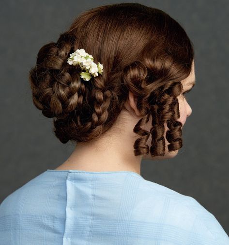 1840’s Dickens Era Hair, Early 19th Century Hairstyles, Christmas Carol Hairstyles, Regency Hairstyles For Curly Hair, 1840s Hairstyles Women, 1810 Hairstyles, 1820s Hairstyles, 1830s Hairstyles, 1840s Hairstyles