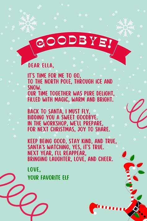 Check out 13 clever Elf on the Shelf goodbye ideas + grab my free customizable Elf on the Shelf goodbye letter template! #elfontheshelf #elfontheshelfgoodbye #goodbyeelf Goodbye Letter From Elf On The Shelf, Elf Goodbye Letter Free Printable, Elf On The Shelf Goodbye Letter, Elf On The Shelf Goodbye, Printable Elf On The Shelf, Goodbye Note, Elf Goodbye Letter, Goodbye Letter, Elf Letters