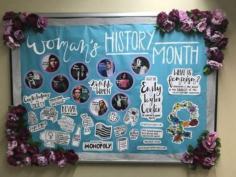 Women's history month bulletin board Women History Month Bulletin Board, Women History Month Activities, History Bulletin Boards, History Classroom Decorations, High School History Classroom, March Bulletin Board, Womens History, School Library Displays, Ra Bulletin Boards