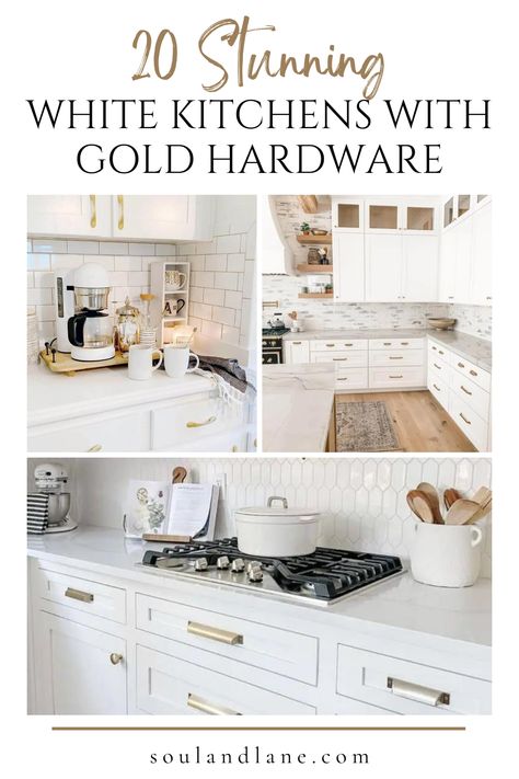 Step into the world of luxe and luminous kitchens with our guide to white cabinetry accented by gold hardware. This glamorous combination brings a touch of elegance and warmth to your cooking space, offering a refined backdrop highlighted by the soft glow of gold. Discover how to balance the brilliance of gold pulls, knobs, and faucets with the pristine beauty of white cabinets for a kitchen that's both inviting and chic. Explore styling tips and design inspirations to achieve a sophisticated ki Kitchen Remodel White And Gold, White Shaker Kitchen With Gold Hardware, White Kitchen Cabinets With Gold Accents, Brass Hardware White Kitchen, White Cabinet Kitchen Gold Hardware, All White Kitchen With Gold Hardware, Brushed Gold Hardware On White Cabinets, What Color Faucet With Gold Hardware, Kitchen With Champagne Bronze Hardware