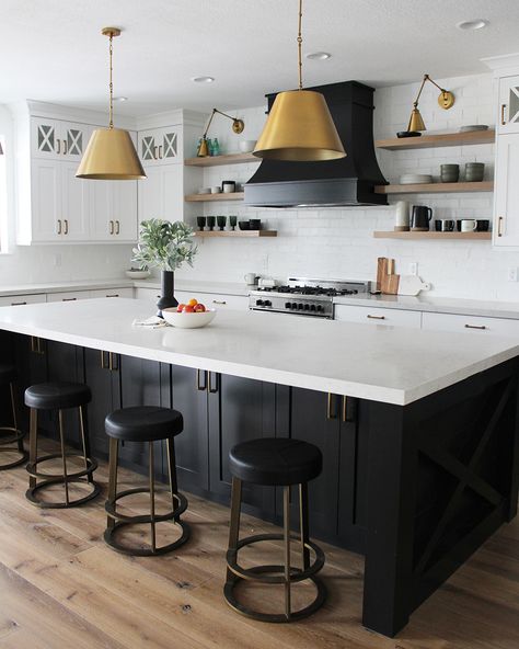 Black Kitchen Islands With Seating: Ideas and Inspiration | Hunker White Kitchen Black Island, Black Kitchen Design, Black Island, Black Kitchen Island, Black Countertops, Kitchen Island Table, White Kitchen Island, White Kitchen Decor, Black Kitchen Cabinets