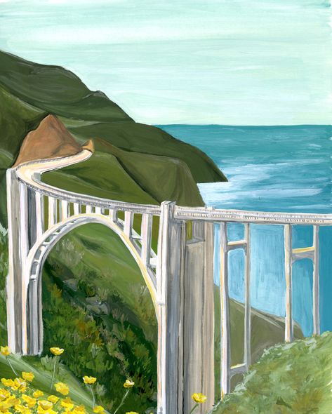 Weekend In San Francisco, Bridge Drawing, Train Illustration, California Coastline, Artfully Walls, Gouache Illustrations, Big Sur California, Artist Wall, Usa Art