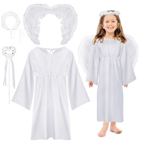 PRICES MAY VARY. Complete Angel Costume Set: angel costume for girls comes with a complete set of accessories, including 1 angel dress, 1 pair of angel wings, 1 headpiece, and 1 wand, no worry about looking for matching accessories; Note: due to the craftsmanship, some products may have a slight staining phenomenon, not dirty, if you mind, please buy with caution Soft and Comfortable: made from breathable polyester, our angel costume won't cause discomfort to your skin; The feather wings are mad Easy Angel Costume, White Dress Angel, Kids Angel Costume, Girls Angel Costume, Realistic Angel, Mary Costume, Angel Halo, Angel Feather, Angels Wings