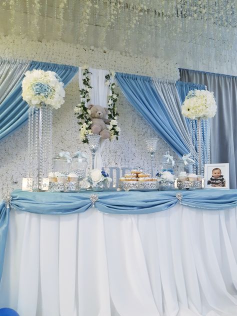 Blue And Silver Theme Party Decorations, Light Blue Candy Table, Dusty Blue Candy Table, Quinceanera Main Table Ideas Blue, Dusty Blue Quinceanera Decorations, Light Blue Sweet 16 Decorations, Light Blue Birthday Party Decorations, Light Blue Quinceanera Decorations, Light Blue Quinceanera Theme