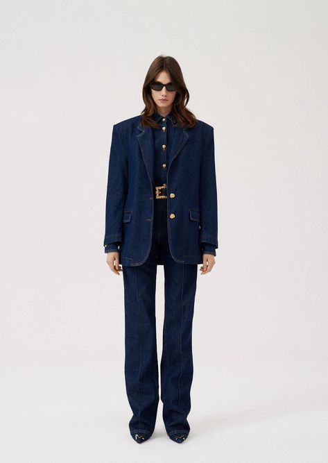 Oversized denim blazer in indigo | Magda Butrym Blazer Runway, Denim Tuxedo, Looks Total Jeans, Runway Fashion Couture, Magda Butrym, Woman Suit Fashion, Tuxedo Shirts, Denim Blazer, Tuxedo Jacket