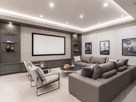 Basement Tv Projector Ideas, Contemporary Media Room, Hamptons Media Room, Country Side Living, Projector Screen Living Room, Media Room Bar, Cottage Core Room Decor, Family Basement, Basement Entertainment