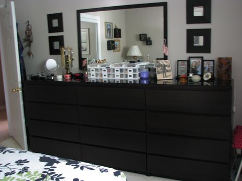 Ikea is not so bad-3 x 4 drawer Malm Dressers in Brown-Black were put together with organizer inserts  to creat alot of storage space in a small bedroom Ikea Malm Bedroom Ideas Black, Black Bedroom Furniture Set, Ikea Malm Drawers, Ikea Bedroom Furniture, Bedroom Ideas Black, Malm Dresser, Bedroom Furniture Layout, Small Bedroom Furniture, Black Bedroom Furniture