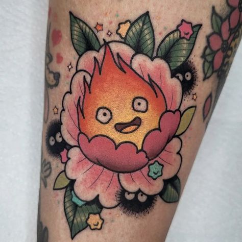 Studio Ghibli Tattoo Color, Studio Ghibli Traditional Tattoo, American Traditional Anime, Studio Ghibli Flash Tattoo, Calcifer Tattoo, Geeky Tattoos, Hippie Tattoos, Flash Drawing, Studio Ghibli Tattoo