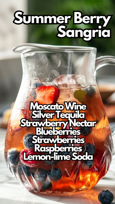 Summer Berry Sangria Summer Berry Sangria, Blueberry Cocktails, Strawberry Cocktail Recipe, Strawberry Nectar, White Wine Cocktail, Charcuterie Lunch, Best Sangria Recipe, Blueberry Cocktail, Winter Holiday Recipes