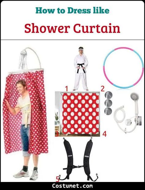 Shower Curtain Costume from The Karate Kid for Cosplay & Halloween 2023 Shower Halloween Costume, Shower Curtain Costume, Shower Costume Diy, Shower Costume, Karate Kid Costume, Karate Outfit, Elf Party, Polka Dot Curtains, Diy Shower Curtain