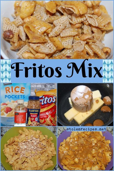 This delicious snack mix makes enough for a crowd. A box of corn Chex, peanuts and Fritos are mixed together and split into two bowls. Then in a saucepan butter is melted with brown sugar, corn syrup and salt. After the mixture boils, baking soda is mixed and poured over the Fritos mixture. Next everything is stirred together to coat all the pieces. Then the mix is spread onto parchment paper lined cookie sheets and baked. Once cooled, this crunchy mix is ready to eat. Chex Recipes, Peanut Snack, Chex Mix Recipe, Corn Chex, Chex Mix Recipes, Cookie Sheets, Snack Mix Recipes, Corn Chips, Chex Mix