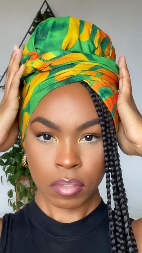 Pin on Hair and Fashion Ideas Tying Braids With Scarf, Africa Braids Hairstyles, Headwraps With Braids, How To Tie A Head Scarf With Braids, Headwrap With Braids, Head Scarf Styles With Braids, Head Wrap Styles With Braids, Headwrap Hairstyles, African Hair Wrap