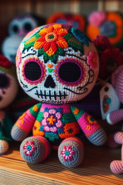 Create a festive Day of the Dead amigurumi with this vibrant crochet pattern, perfect for Día de los Muertos celebrations and decorations! Crochet Day Of The Dead, Mexican Crochet Pattern, Silly Crochet Ideas, Crochet Fall Decorations Free Pattern, Day Of The Dead Crochet, Sugar Skull Crochet, Dia De Los Muertos Crafts Ideas, Crocheting Animals, Crochet Mexican