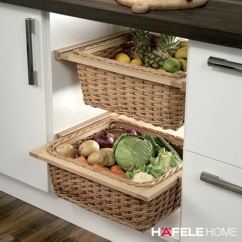 We usually love to show you all the clever and innovative storage solutions we have in store for your home. However, sometimes an easy solution such as wicker baskets are all you need. We love this solution to store fruit and veggies. What’s your take on this one? #MyHafeleHome #WickerBaskets #KitchenStorage #KitchenDesign #DreamKitchen #KitchenInterior #InteriorDesign Diy Vegetable Storage Bin, Vegetable Storage Bin, Kitchen Storage Unit, Kitchen Storage Units, Basket Drawers, Kitchen Basket Storage, Wicker Bedroom, Wicker Headboard, Natural Living Room