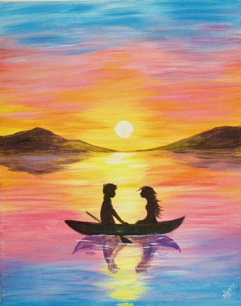 Easy painting of a Couple in a boat at sunset Sunset Drawing Easy, The Art Sherpa, Watercolor Art Diy, Christmas Paintings On Canvas, Watercolor Art Paintings, 얼굴 그리기, Watercolor Paintings For Beginners, Watercolor Sunset, Keramik Design